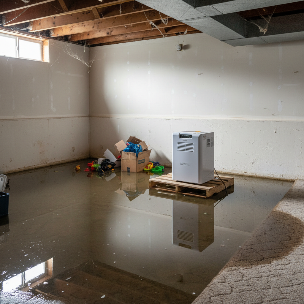 Flooded basement before water damage restoration in Layton UT