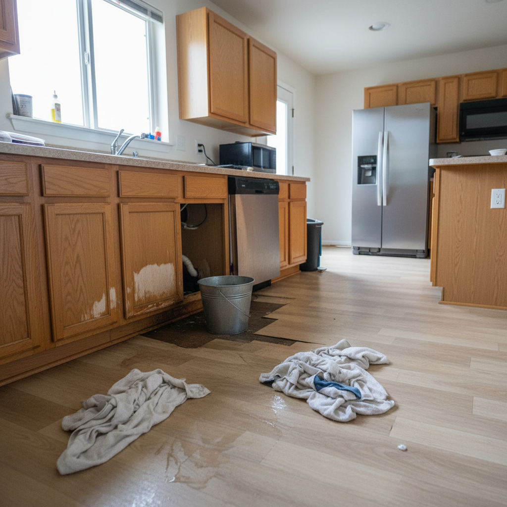 Kitchen water damage from burst pipe before restoration in Layton UT