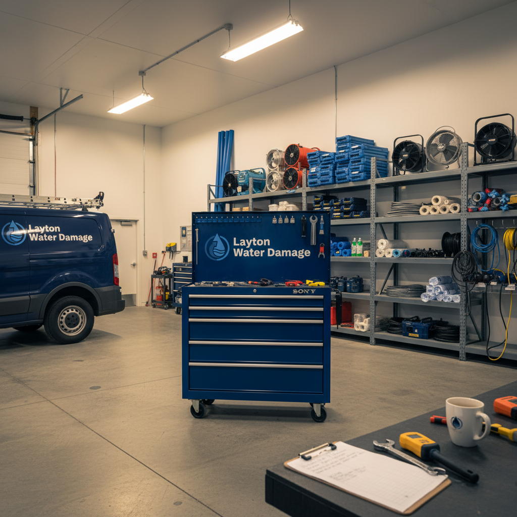 Inside the Layton Water Damage equipment facility with commercial drying equipment